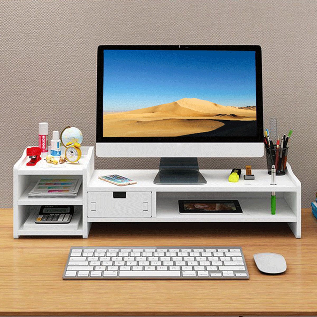 Monitor Verhoger met Lade - Monitor Standaard - Bureau Organizer - Comfortabel Kantoor - Wit