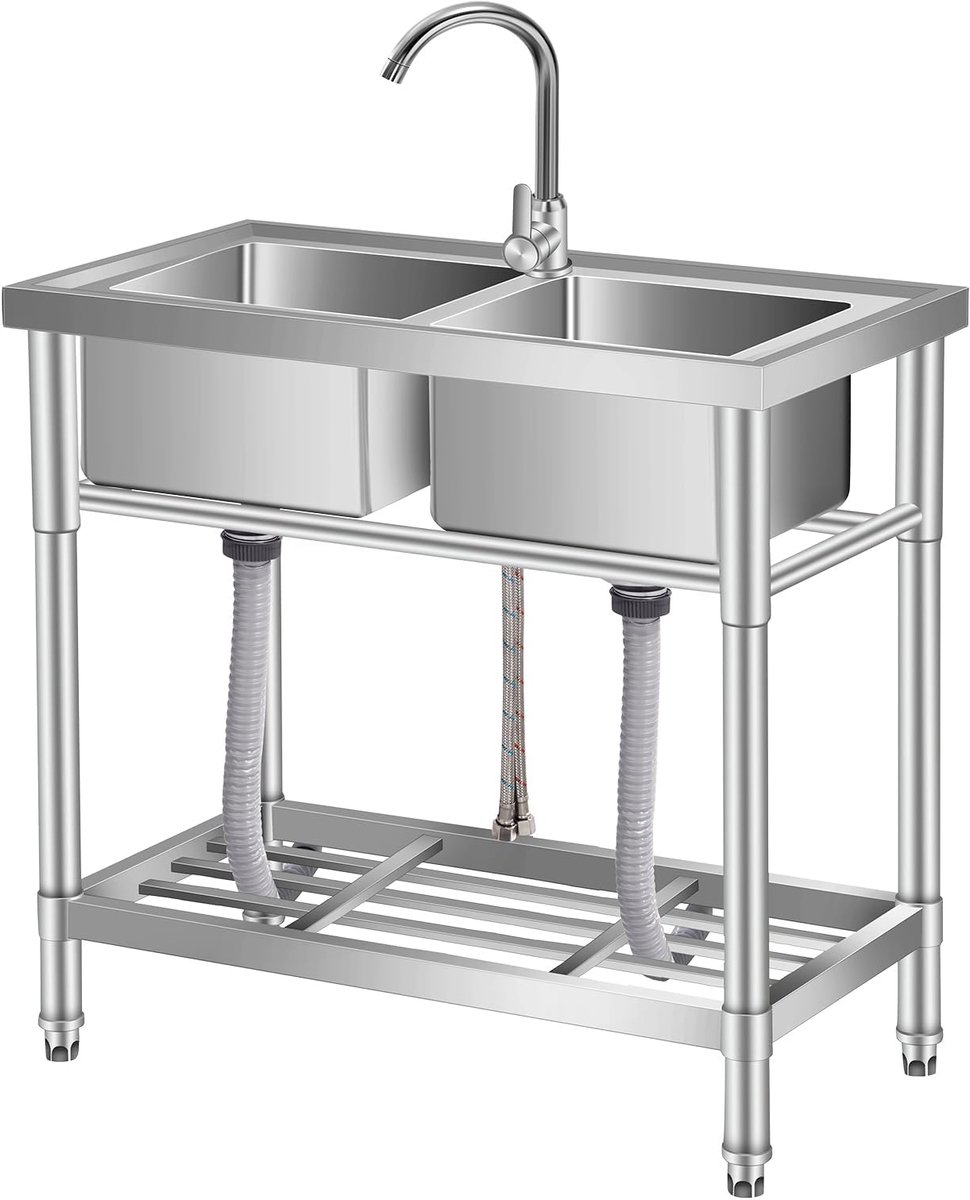 Danky - RVS Keuken Spoelbak - Twee Werktafelspoelbak Met 360° Draaibare Kraan - 84x46x76cm