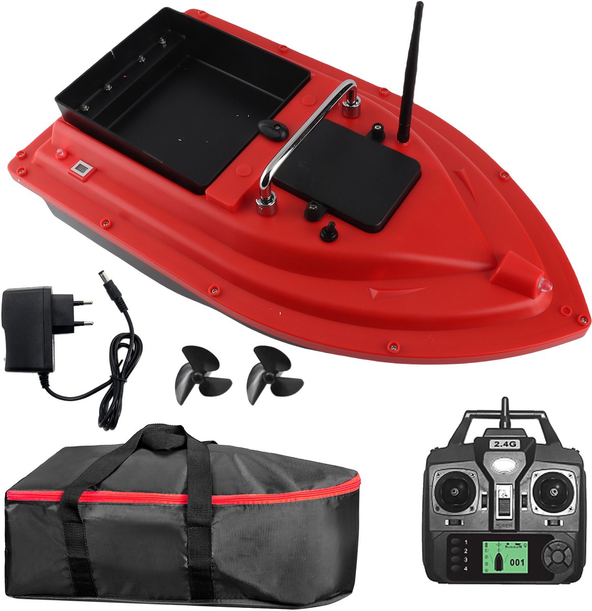 Voerboot – Aas- / visboot - Afstand bestuurbare boot - Karper voerboot - Verlichting – 400-500 meter bereik – Opbergtas – Karpervissen - RC-aasboot - Radiografisch bestuurbare aasboot - Rood