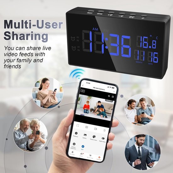Digitale Klok Camera - Verborgen Camera Wekker - Thuis Bewaken - 5G WiFi Connectiviteit - 150 Graden Kijkhoek - Zwart — afbeelding 2