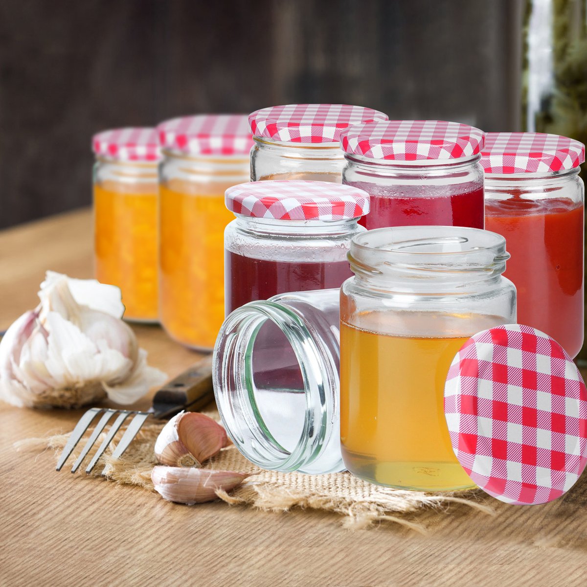 Froadp 350ML Met Deksel Marmeladekruiken 36 Stuks, Glazen Bewaarpotten Set met Etiketten, Stift, Spatel en Vork voor Voedselopslag, DIY, Cadeaus, Decoratie - Rood