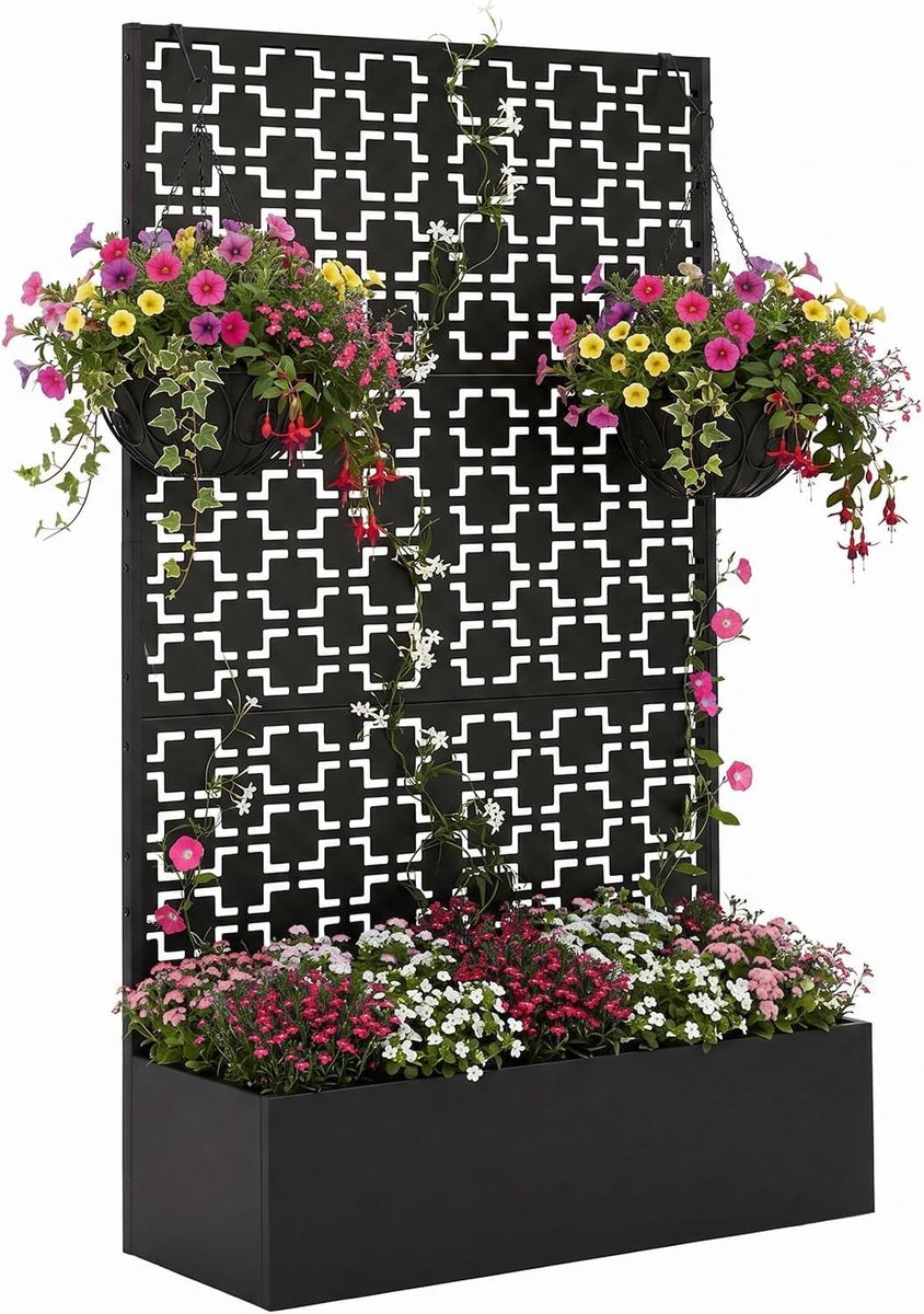 Verhoogde plantenbak van metaal met latwerk – Tuinbak voor alle weersomstandigheden - Decoratief zichtscherm - 180 × 112 × 40 cm - Zwart