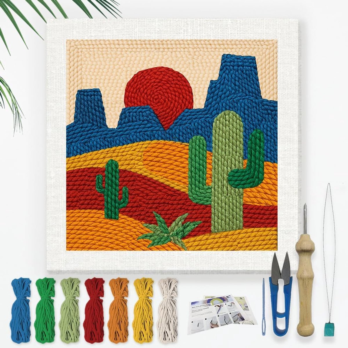 Cactus borduurset om zelf te maken met punch naald voor volwassenen beginners 24cm bergen zonsondergang punch steken knutselset beginners frame stofpatroon rijgnaald garen punchneedle