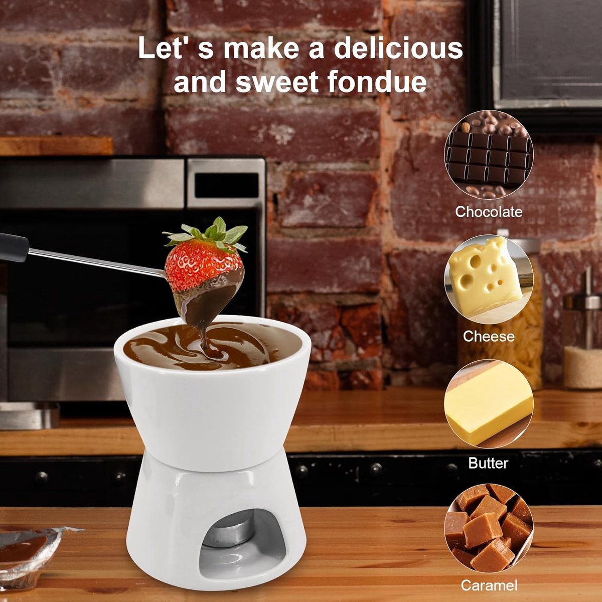 Fondue Set - Kaasfondue Chocoladefondue - Desserts Maken - Inclusief 4 Bakjes 4 Vorkjes - 300 ml - Wit – foto 4
