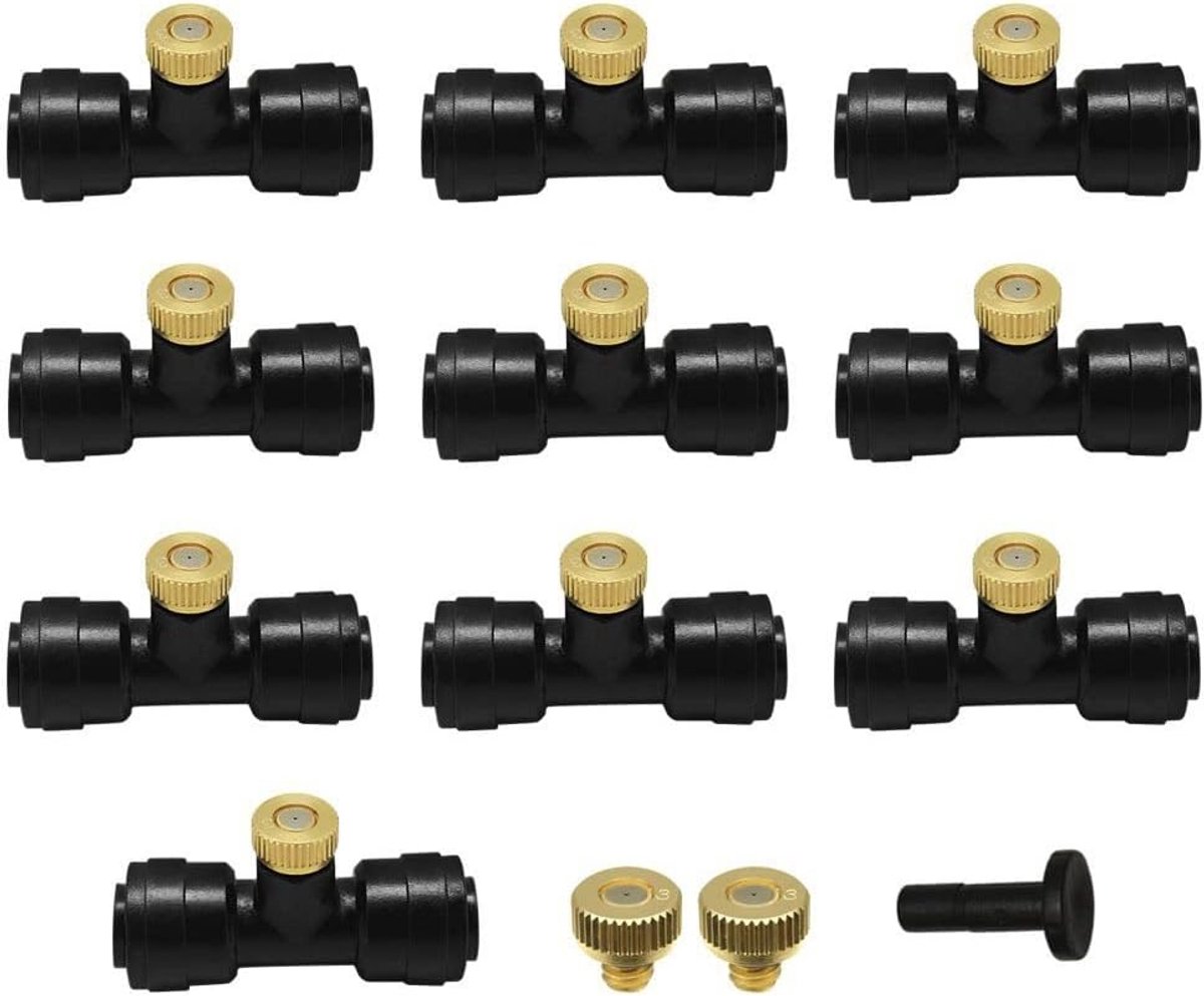 Misting Nozzle Tees Draad 1/4 Inch en Messing Orifice Nozzle met Plug voor Outdoor Spray Koelsysteem (23 stuks)