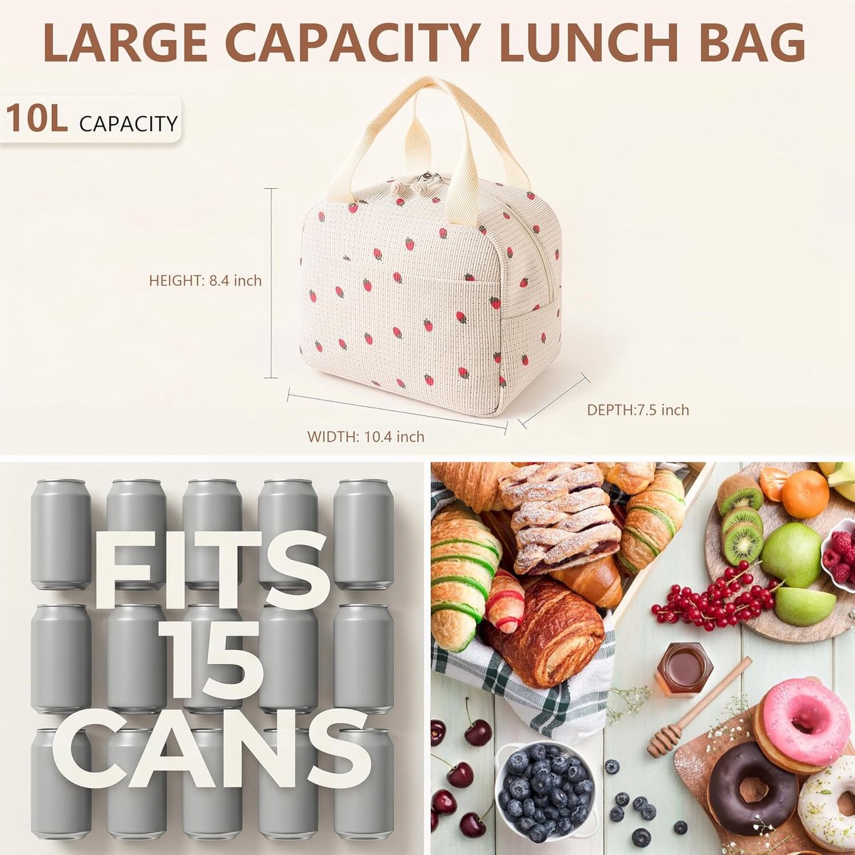 Hergebruikbare lekvrije lunchtrommel - schattige corduroy thermolunchtas, grote capaciteit herbruikbare geïsoleerde koeltas, geschikt voor werk, reizen, strand of picknick — cadeau in Cadeau-ideeën - foto 2