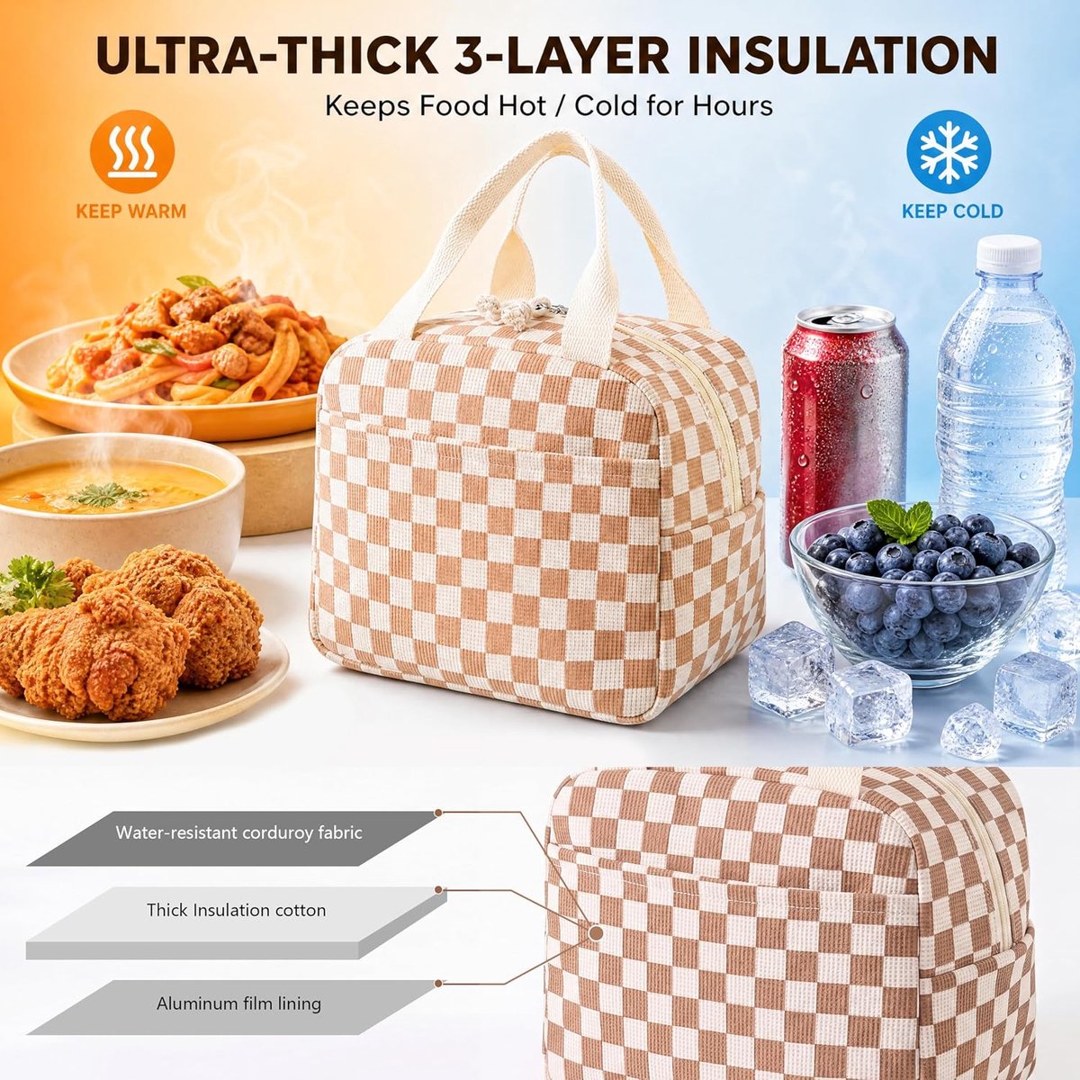 Corduroy lunchtas - schattige handtas voor lunch - herbruikbare geïsoleerde lunchtrommel - grote capaciteit herbruikbare koel-/warmhoudbox - geschikt voor werk/picknick/reizen (corduroy ruit bruin) — cadeau in Cadeau-ideeën - foto 5