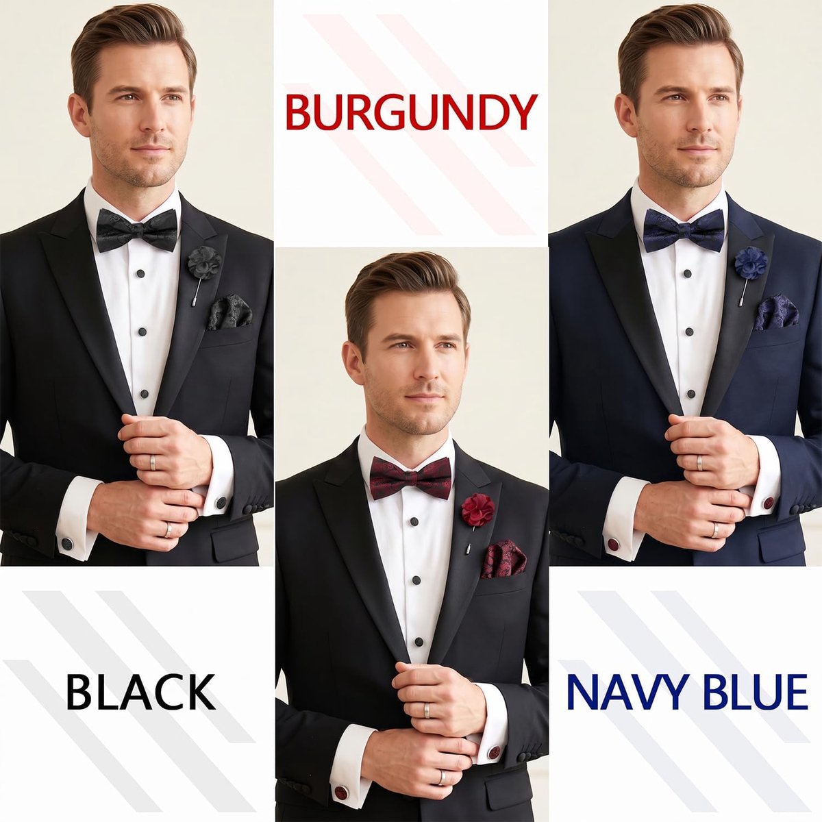 Strik en Pocket Square Set voor Heren met Manchetknopen en Reversspeld, Voorgestrikte Verstelbare Vlinderdas voor Bruiloft en Zakelijke Gelegenheden