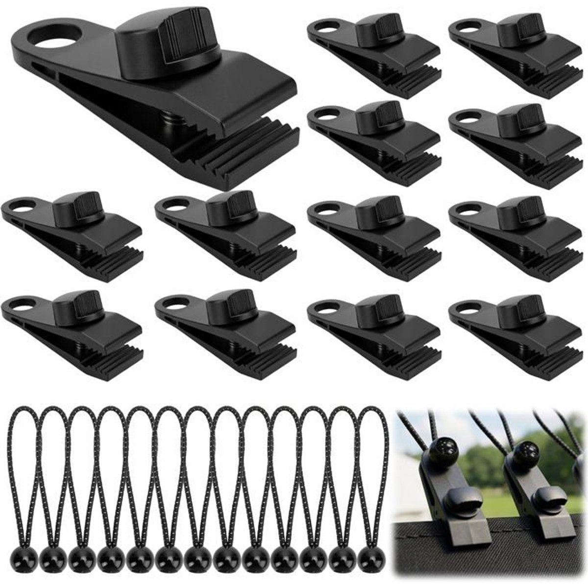 Een set van 26 robuuste zeilclips met elastische spanners, gemaakt van ABS-materiaal, met bevestigingsschroeven, geschikt voor zwembaden en zonneschermen.