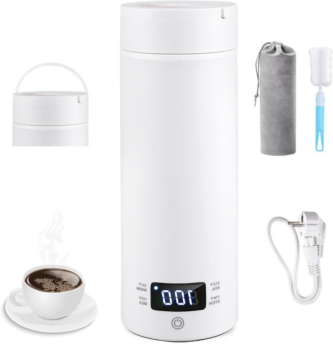Reiswaterkoker Klein - Mini Waterkoker - Drankjes Warm Houden - Intelligente Temperatuurregeling - 500 ml - Wit