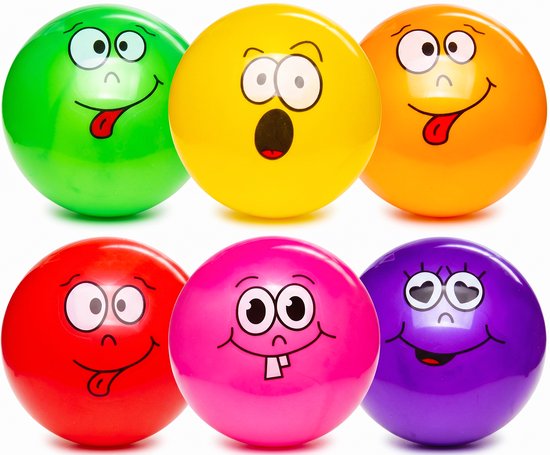 Six balles en plastique gonflées, rouge, rose, violet, vert, jaune et orange, chacune avec un visage amusant.