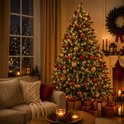 Een sfeervolle woonkamer met een versierde kerstboom, een bank en cadeaus.