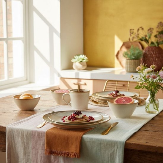 Beige mokken, borden en kommen op een tafel met pannenkoeken, fruit en bloemen.