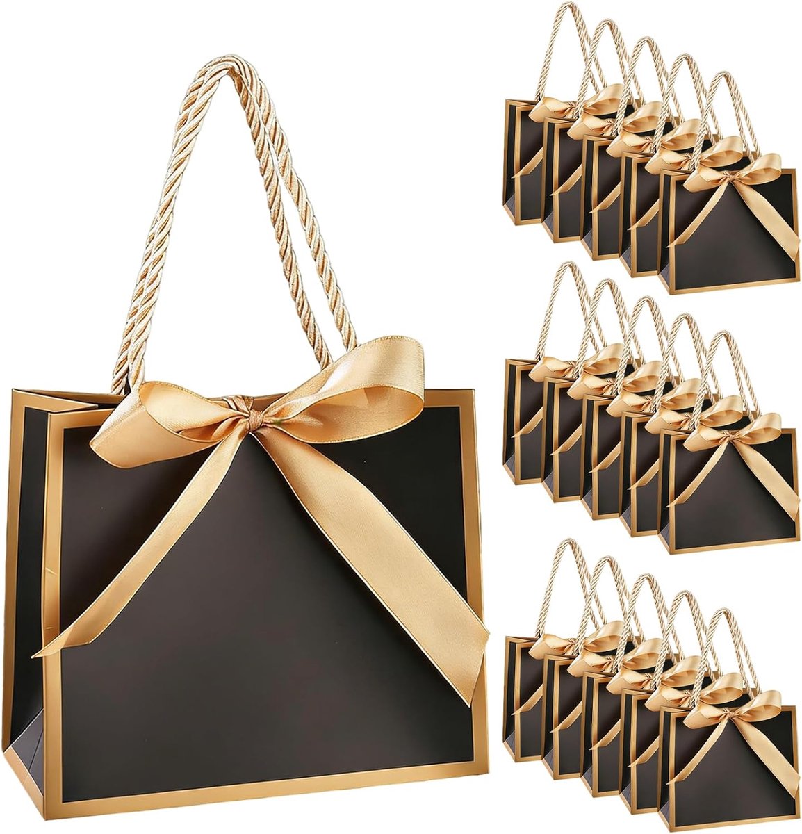 Cadeauzakje, 15 stuks cadeauzakjes verjaardag, cadeauzak klein met strikbandjes, cadeautas verjaardag huwelijksfeesten bruiloftsfeesten (Zwart, 14 × 6 × 12 cm)