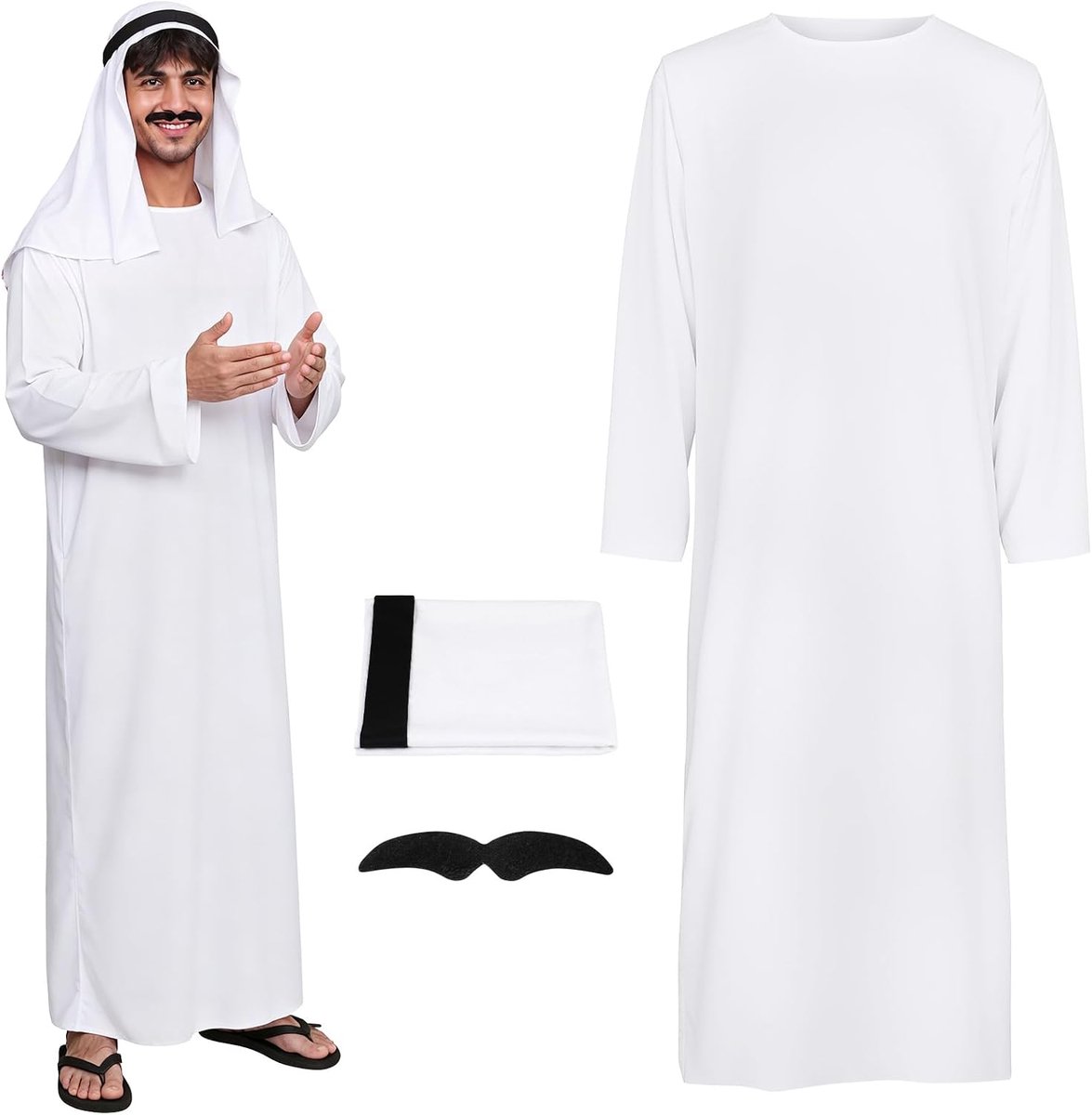 Kostuum Arabische sjechische set Tsjechisch kostuum heren met witte Arabische gewaad geruite hoofddoek bril en baard Sjikh Araber kostuum cosplay outfits carnavalskostuums Tsjechisch Arabo