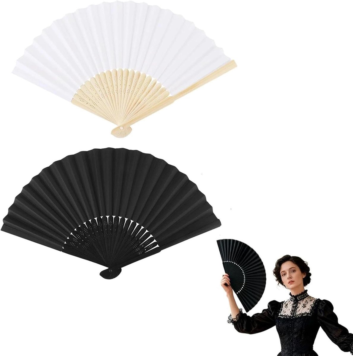 2 stuks draagbare opvouwbare ventilatoren, zwart/witte Chinese vintage ventilator, prachtige ambachtelijke papieren fans, zomer koeling doe-het-zelf handgemaakte fans, originele opvouwbare