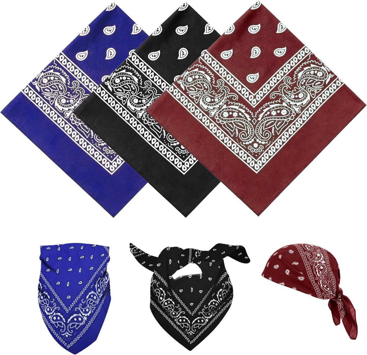 3-delige bandana, multifunctionele haarsjaal met paisleyprint, unisex hoofddoeken, bandana's, hoofdbanden voor dames en heren, cowboyaccessoires