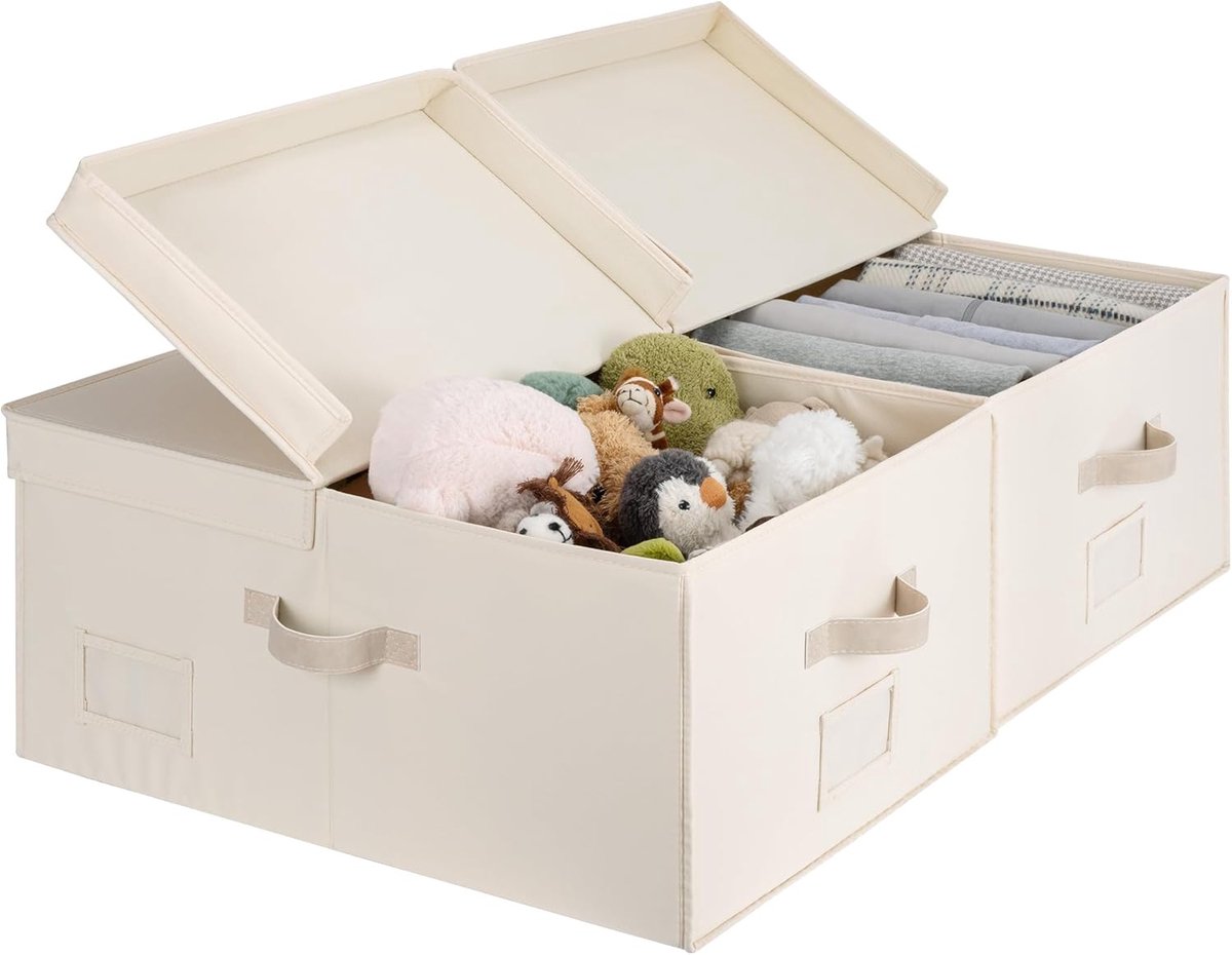 Opslagbakken met dubbele deksel, 55L stoffen manden met verdelingsbord, dozen voor kleding, linnenkast organizers met handvatten, beige katoen, 2 stuks