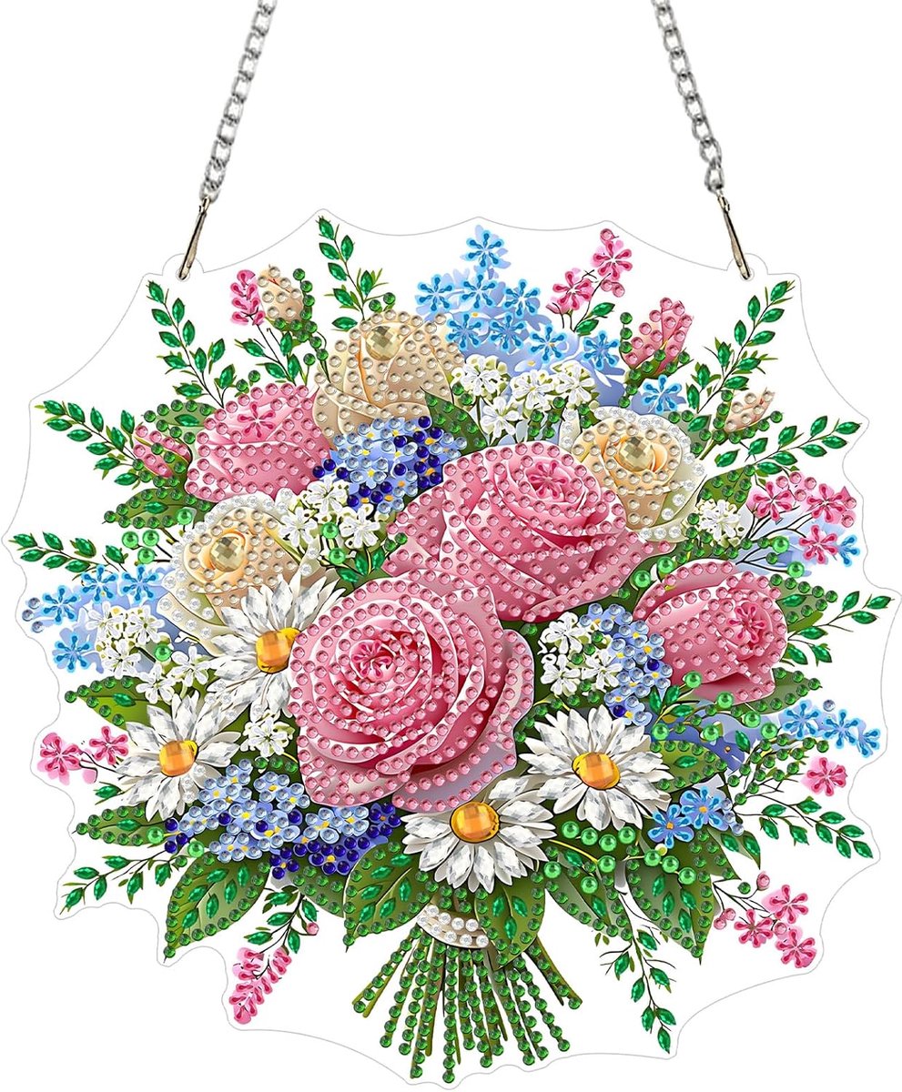 Mooie Bloemen Diamantschilderij Hanger, 5D Bloemen Ornament Kit, DIY Kristal Strass Acryl Sierhanger voor Raam, Muur, Deur en Tuin Decoratie