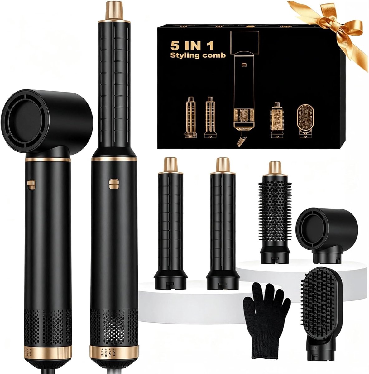 5-in-1 haarstyler en haardrogerset - zwart goud