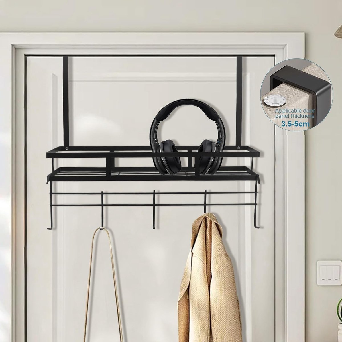 deurhaak, over de deurhanger, zware roestvrijstalen deurhanger met 5 haken, eenvoudig te installeren, over de deurorganizer voor jassen, hoeden, tassen, kleding, handdoeken, in badkamer,