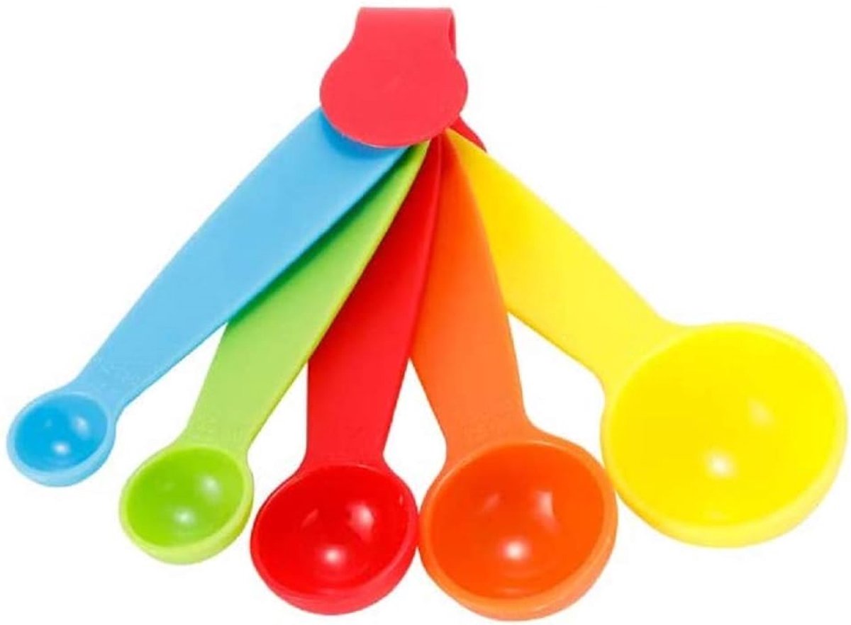 SnelShoppen - Maatlepel set 5 stuks - Perfecte maatlepels voor droge en vloeibare ingrediënten - 1 ml, 3 ml, 5 ml, 10 ml, 15 ml - Gemengde kleuren voo