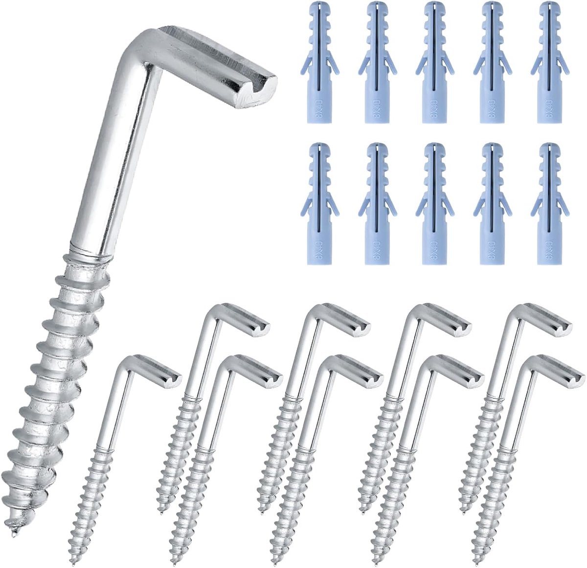 Haken, schroefhaken met pluggen en schroeven, set M6-6,5 cm, fotohaken om te schroeven, haakschroeven M6, hoog draagvermogen voor thuis, werkplek, kantoor, ophangen, 10 stuks