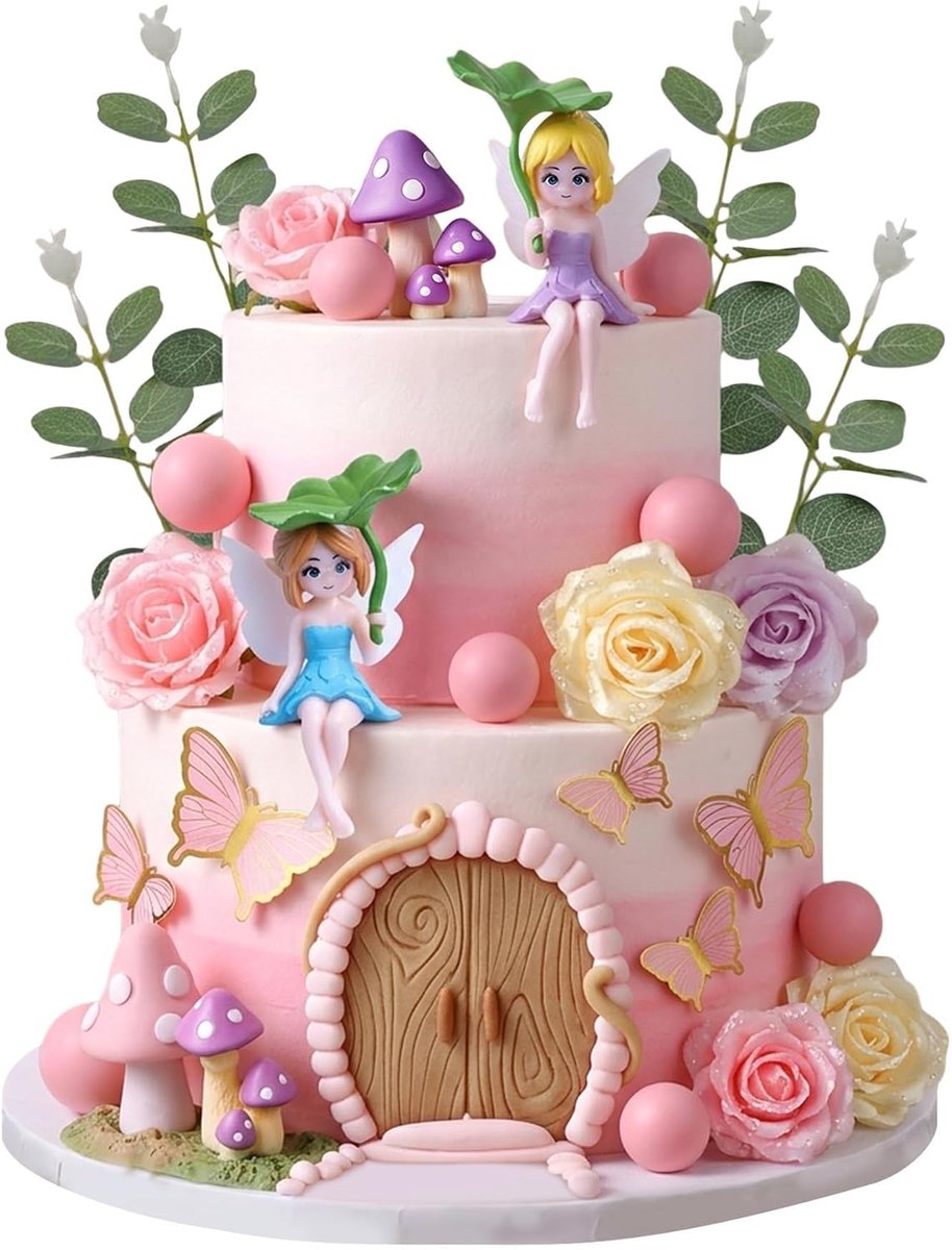 28 stuks taartdecoraties met bloemenfee, taartdecoratie, paddenstoelhuis, vlinder, taartdecoratie, feeëntaartdecoratie voor verjaardag meisjes, feeënfeest