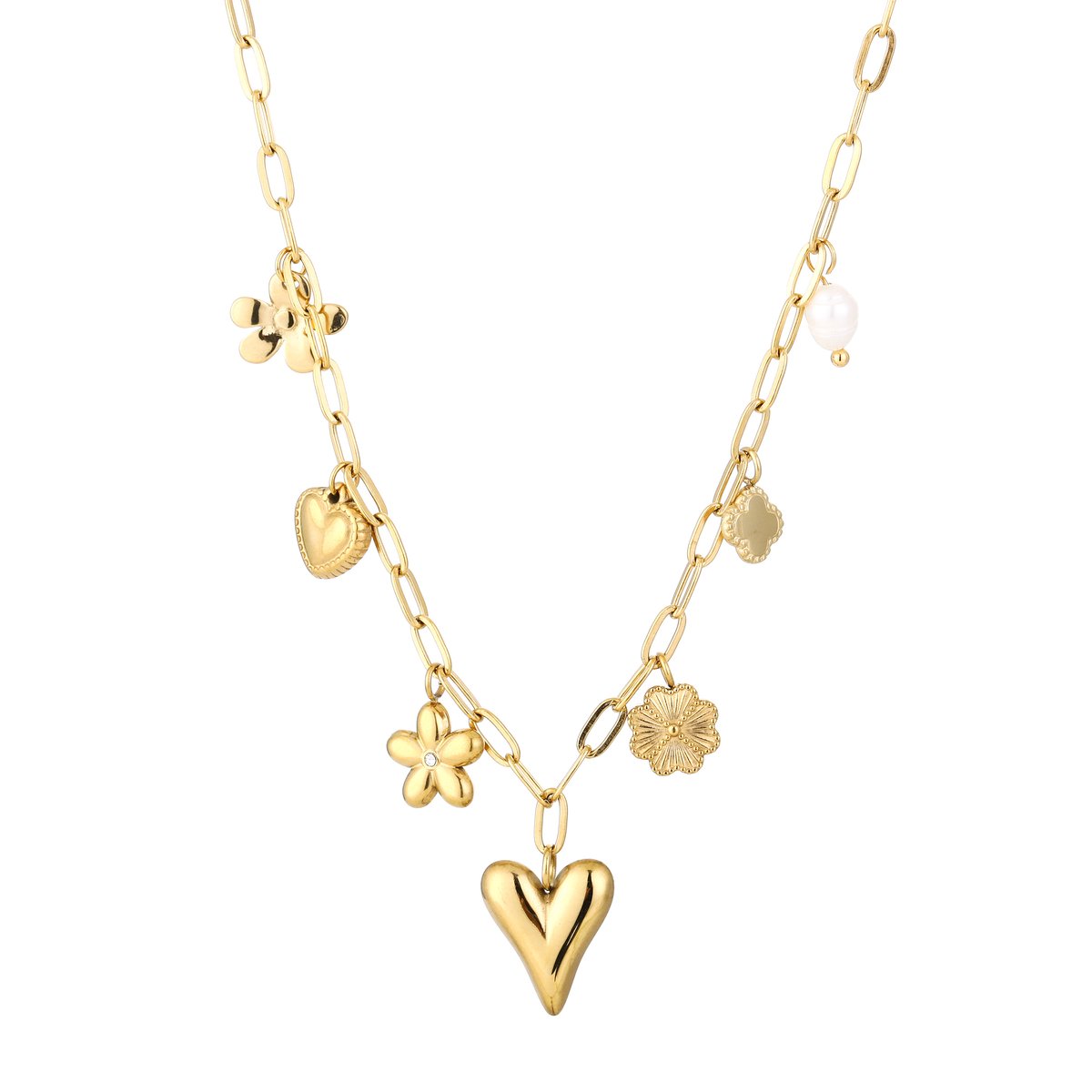 Ovale Schakelketting met Bedels, Harten, Bloemen en Parel – Bedel Ketting Charms – RVS - Goud
