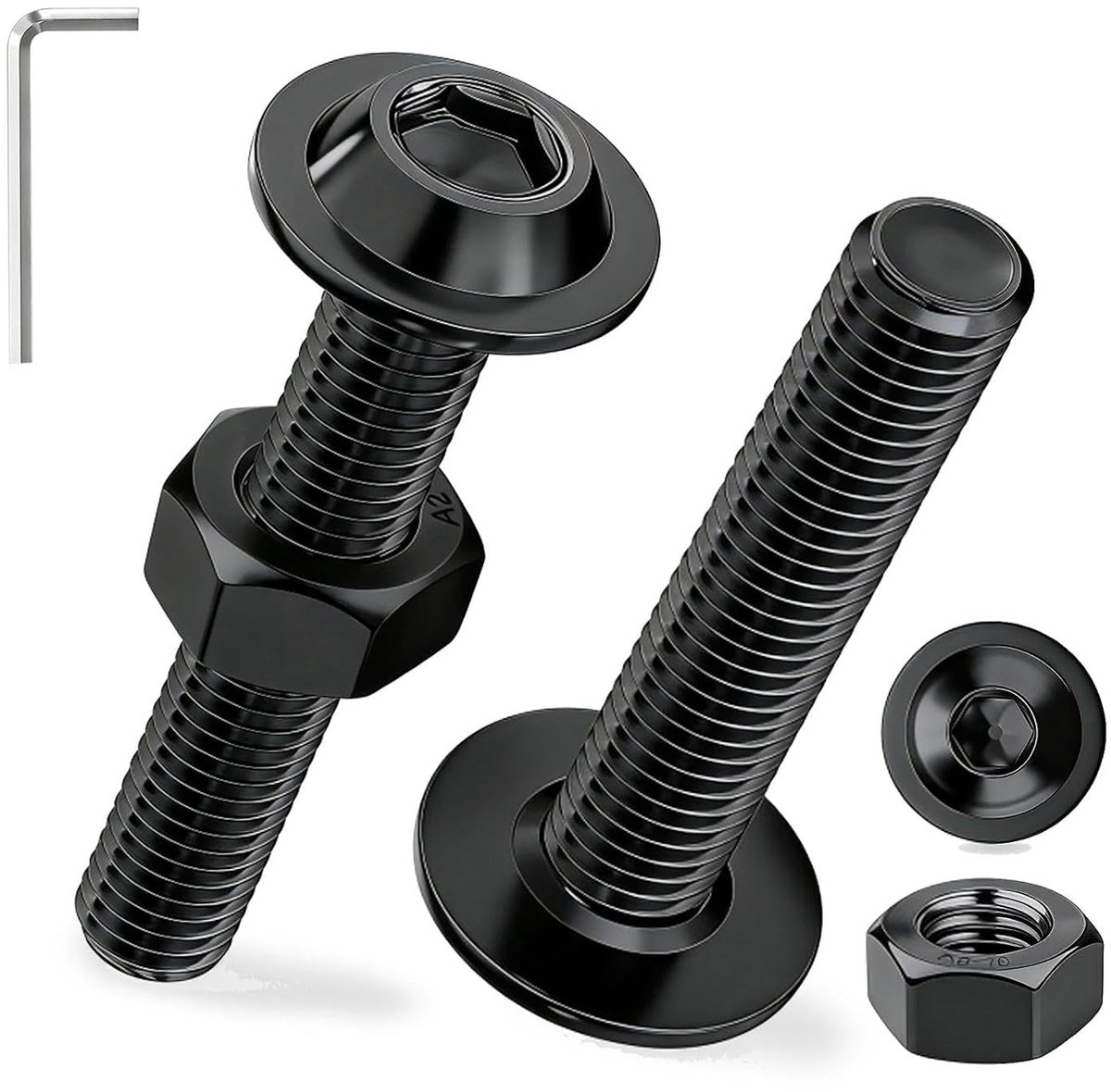 M8 zwart, 10 sets platte kopschroeven M8 x 50 mm schroeven roestvrij staal A2 V2A binnenzeskant ISO 7380-2 met moeren en flens metrisch volledige schroefdraad voor houten