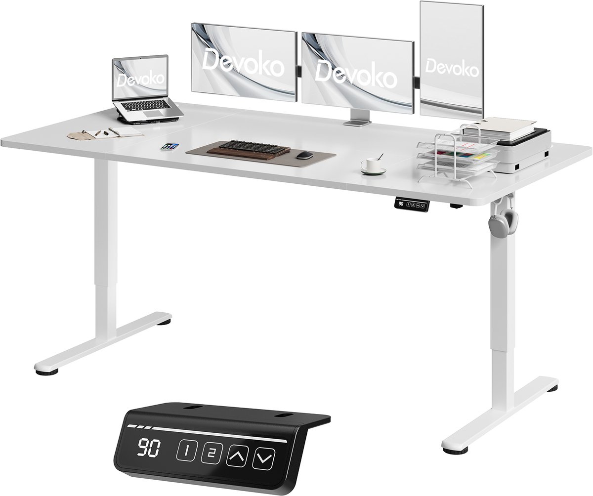 Devoko Elektrisch Zit-sta Bureau 180x80 cm – Stille Motor met Geheugenfunctie – 4 Knoppen Handbediening – Ruim Bureau – Wit