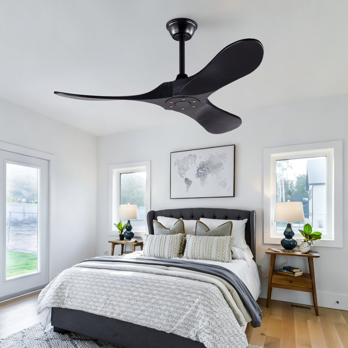 Plafondventilator 42 inch in zwart met modern design en zonder verlichting - afstandsbediening - 6 snelheden - omkeerbare functie - 3 massief houten bladen - snelheidsgeheugen – foto 7