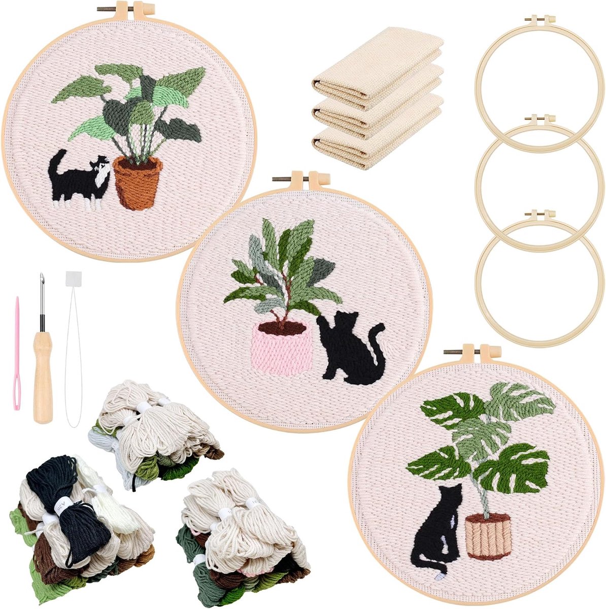 3 stuks punch naald borduurset, complete borduurset voor planten en katten patronen en instructies voor beginners en volwassenen