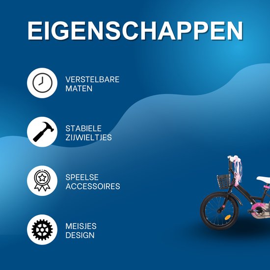 Kinderfiets - Voor meisjes 3–10 jaar - Met zijwieltjes, streamers, mand en poppenzitje - Black-20 Inch — afbeelding 5