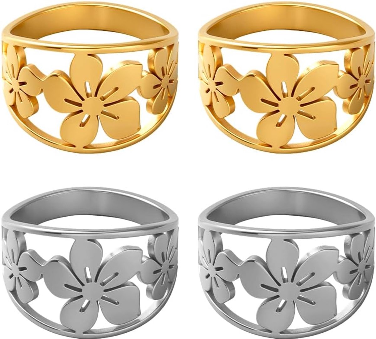 Ringen met bloemen, 2 kleuren, dikke en delicate ringen, 16,5 mm, stapelbaar, van roestvrij staal, trouwringen voor vrouwen, handwerk, huwelijksgeschenken