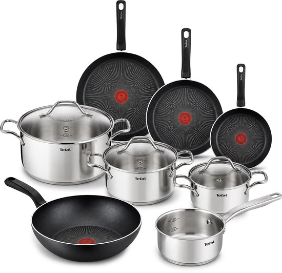 Tefal So Expert Complete 8-delige pannenset met RVS pannen en koekenpannen met anti-aanbaklaag.