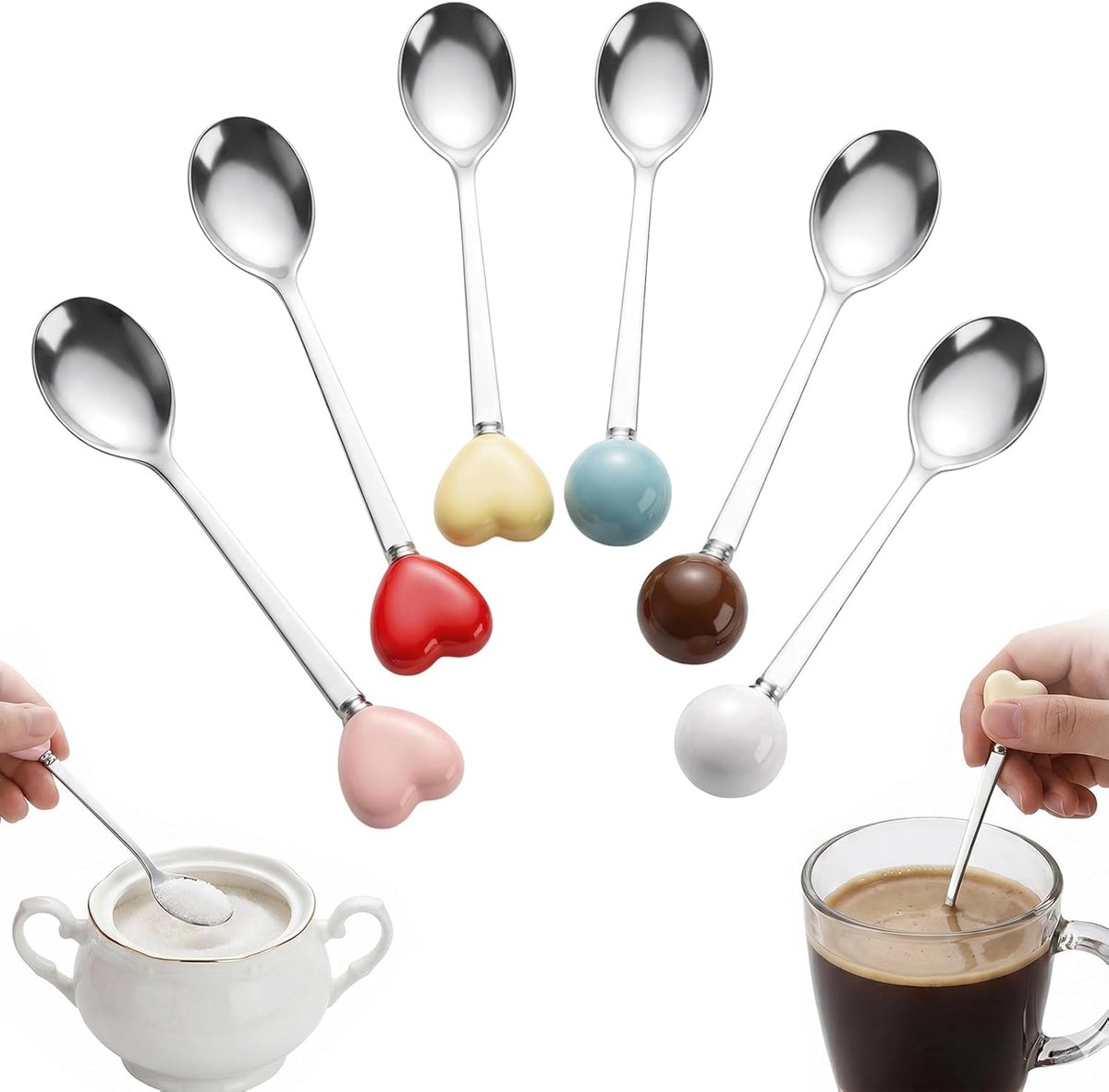 Set van 6 eierdopjes van roestvrij staal, kleine koffielepel en koffiekopje, fantasie-design, veelkleurige lepel met kogel of hart handvat voor thee, yoghurt en dessert