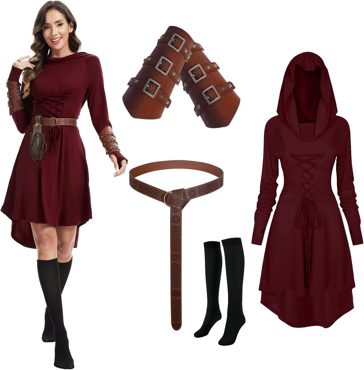kledingset voor dames, renaissance, capuchonjurk, set met armbeschermers, riem, kousen, Halloween, gothic, capuchonjurk