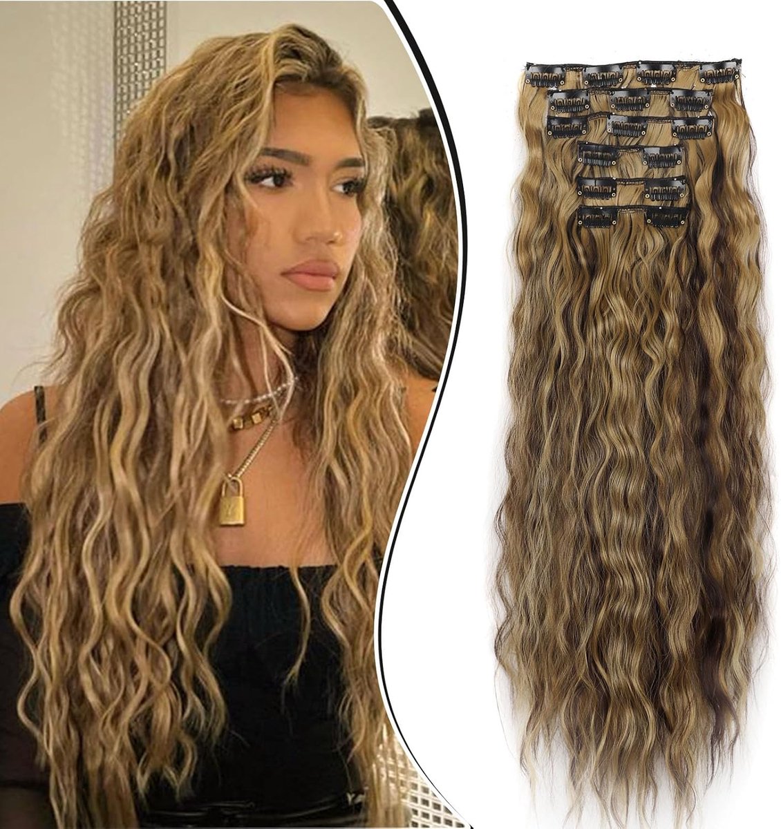 Clip in Extensions Haarstukje Haaruitbreiding Golvend 6PCS 50cm Clip in Hair Extensions Zoals Echt Haar Goedkope Haarverlenging Synthetische Krullen Lang, Medium bruin/Donkerblond