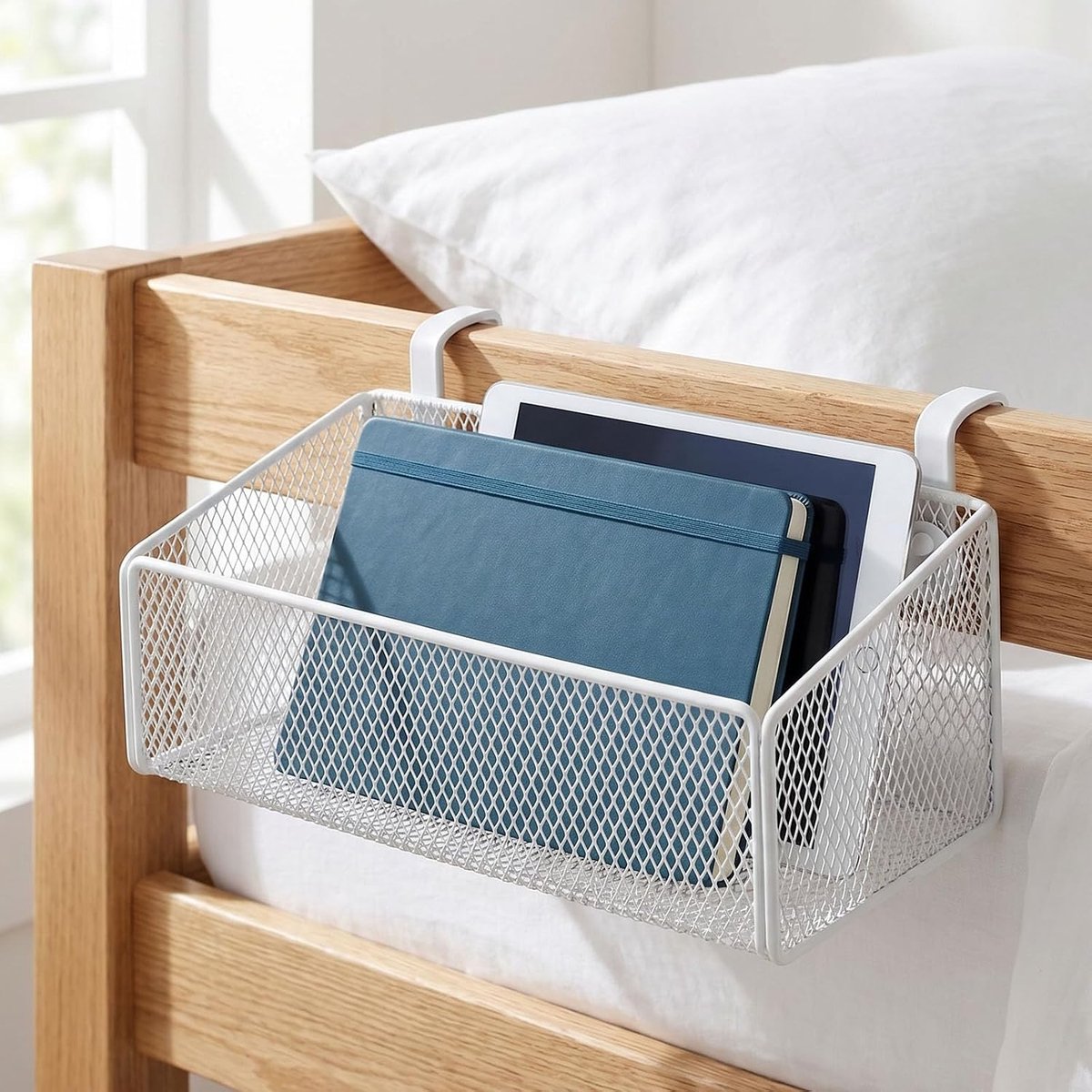 nachtkastje-organizer, opbergmand voor naast het bed | metalen nachtkastje-organizer, hangmand voor boeken, telefoons, brillen voor studentenkamer, slaapkamer, kantoor