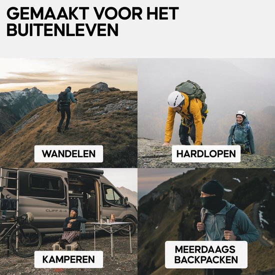 Vier afbeeldingen van buitenactiviteiten: wandelen op een berg, hardslopen op rotsen, kamperen met een camper, en meerdaagse backpacktocht.