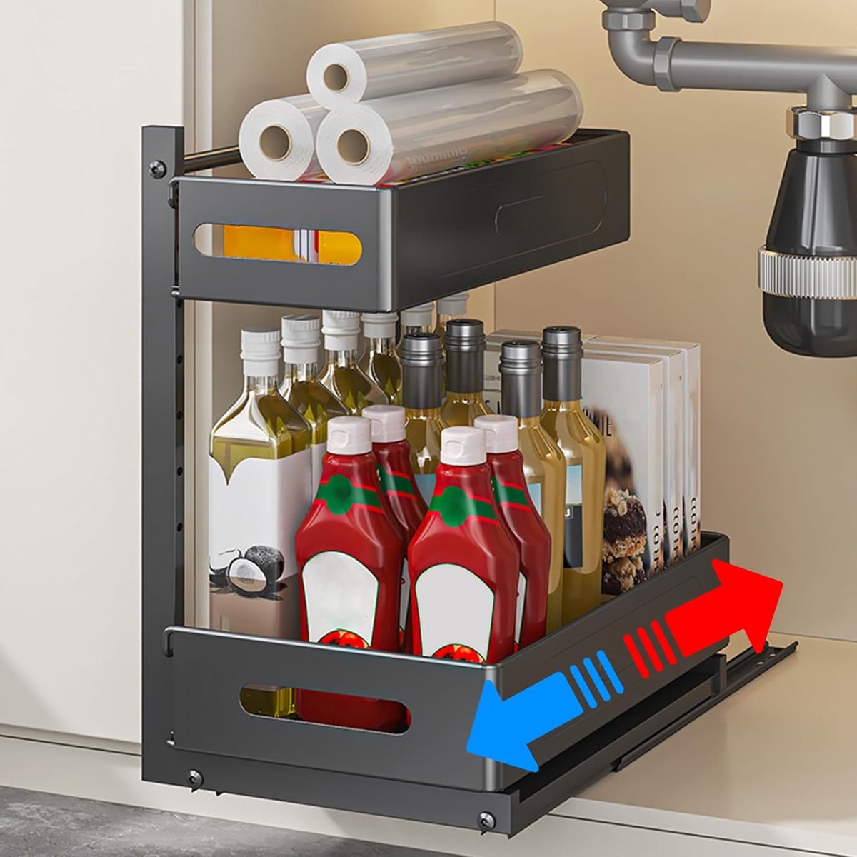 Opbergorganizer 2 Niveaus voor Keuken en Badkamer, Uitrekbare Schuiflade Geluidloos met Staal Kogels, Multi-Gebruik met Installatie Zonder Boren (Zwart) | Opbergwagen voor badkamer, multifunctionele opbergwagen, stil met stalen wielen