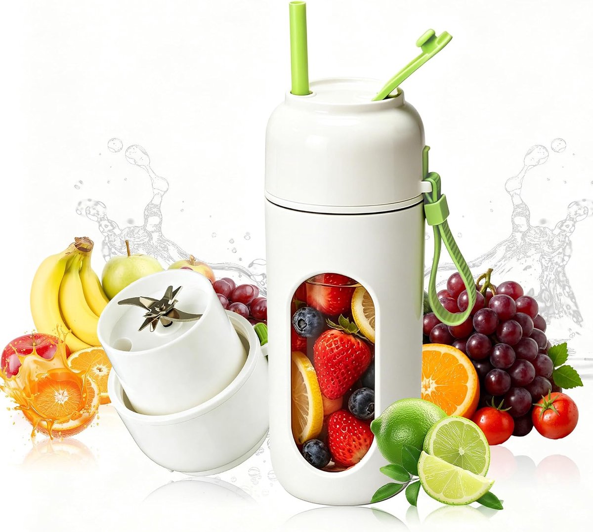 Draagbare mixer to go 340 ml, 12 roestvrijstalen messen, rietje (groen) | Draadloze en oplaadbare mini-mixer, voor shakes, eiwitten, babyvoeding, fruit, sap onderweg, sportschool