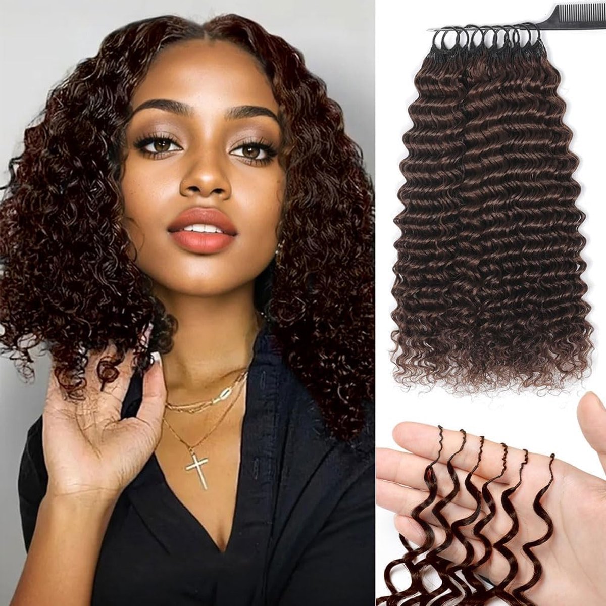 Feather Crochet Human Hair Bundles for Black Women 14 Zoll Deep Wave Brown Human Hair Crochet 200g 160Pcs Wet and Wavy Invisible Knotless Curly Braun Echthaar Haarverlängerungen
