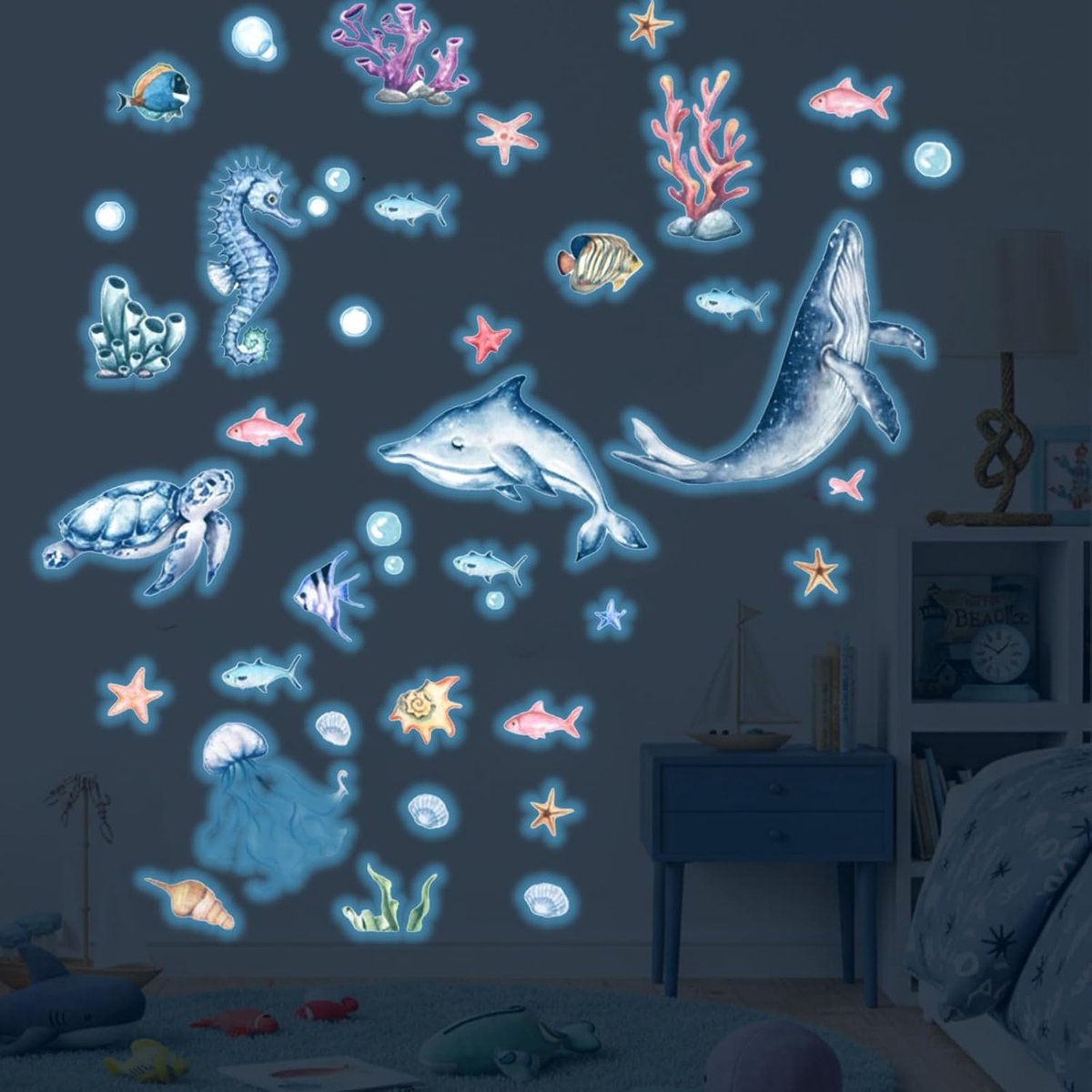 wandsticker, oplichtend, oplichtend, onderwaterwereld, zeewereld, fluorescerend, voor kinderen, slaapkamer, badkamer, decoratie