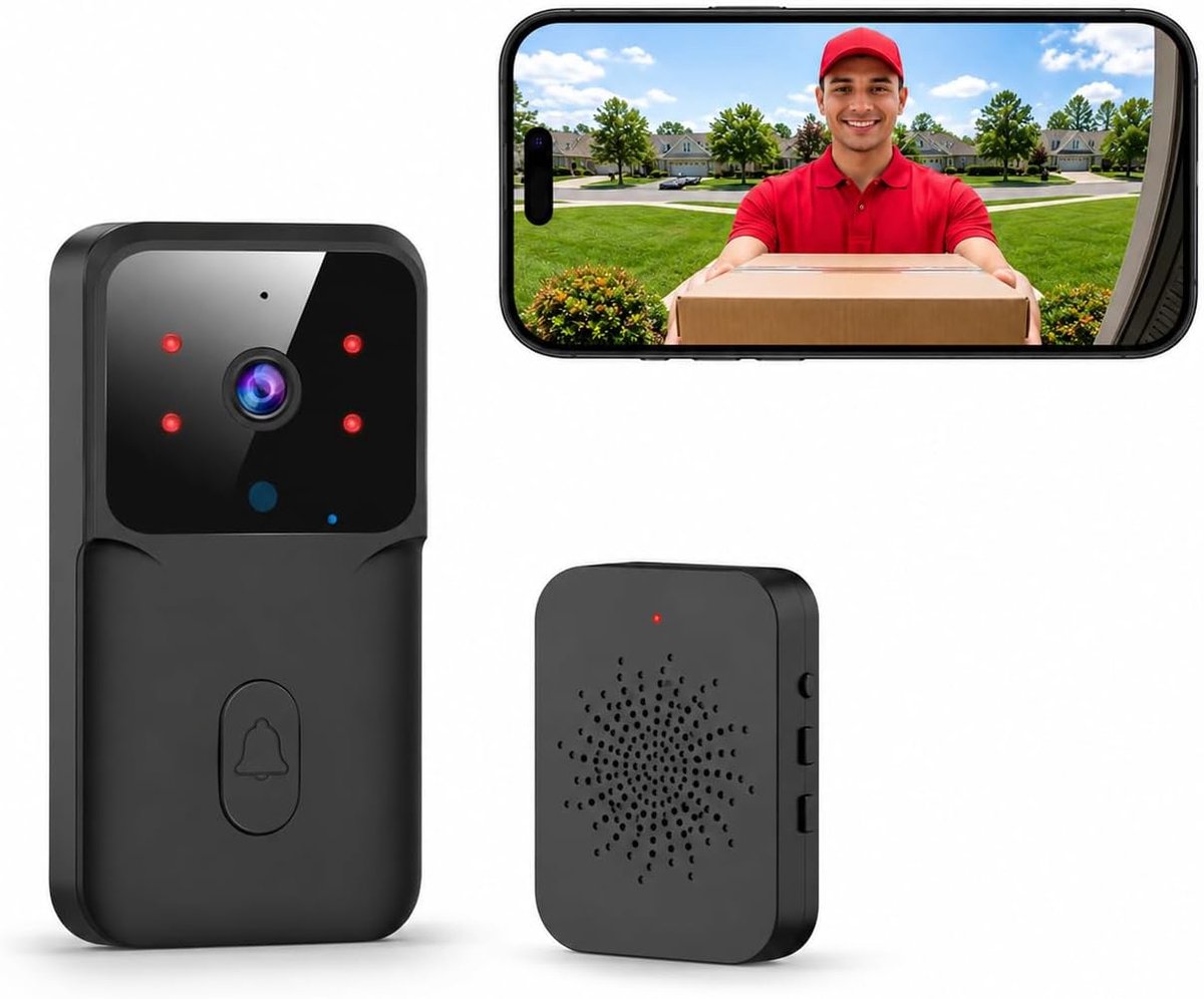 Draadloze Deurbel met Camera - 150m Verbinding - Slimme Deurbel met Ontvanger - 2-Way Audio, Nachtzicht - voor Thuis, Kantoor, Hotel - Zwart - 1 Stuk