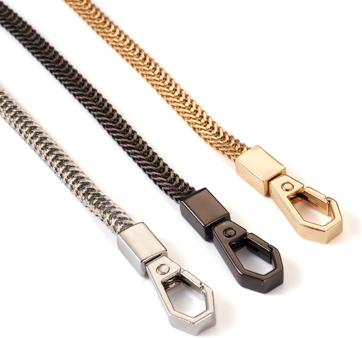 3 stuks tas riemen kettingen ijzeren platte slang ketting handtassen riemen vervanging met kliksluiting voor handtas schoudertas portemonnee portemonnee maken, 3 kleuren