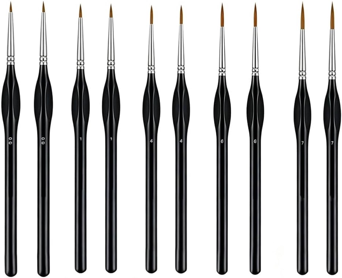 Set van 10 fijne penselen voor schilderen op nummer en modelbouw, premium miniatuurpenselen voor acryl, aquarel en olie, professionele kunstenaarskwasten voor figuren en nagelkunst, nauwkeurige punten