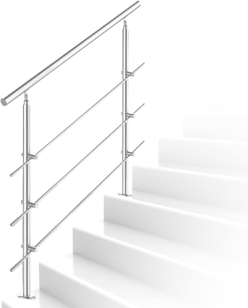 Handgreep Roestvrij staal Trappenreling Binnen & Buiten 150 cm, Ø42mm met 3 dwarsbalken en accessoires, hoekverstelbaar voor trappen tuin huistoegang borstwering balkon (L:1500mm H:1065mm)