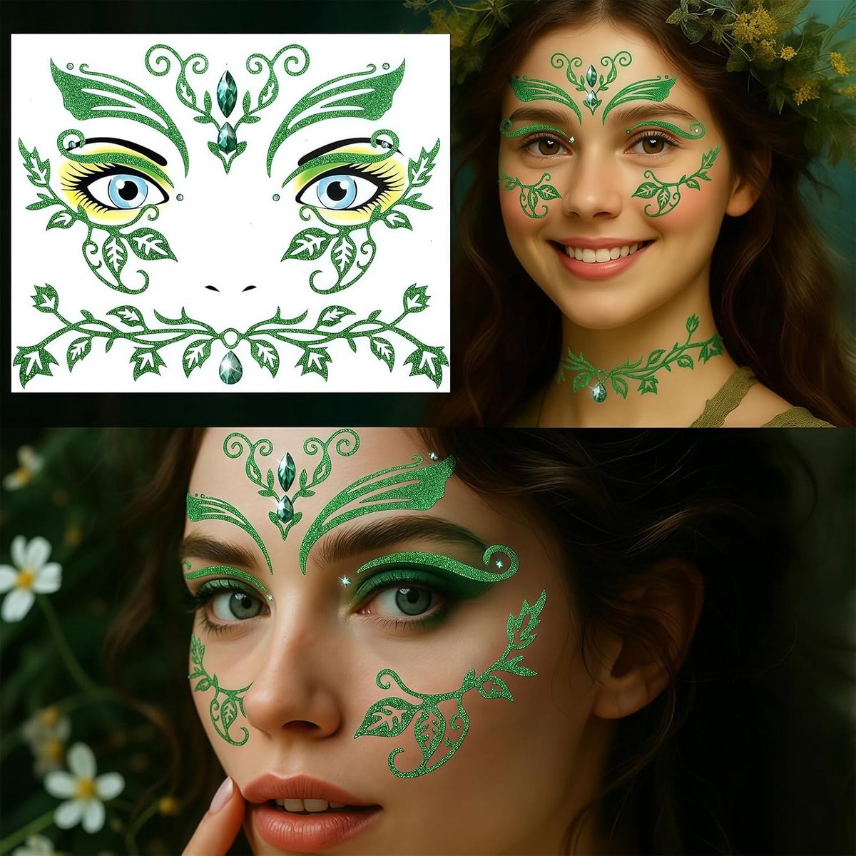 Stickers Voor Dames Voor Poison Ivy Kostuum, Glinsterende Groene Gezichtsjuwelen Tattoos Voor Halloween Carnaval & Feeën Make-up, Oogstenen Om Op Te Plakken (1 Stuk)